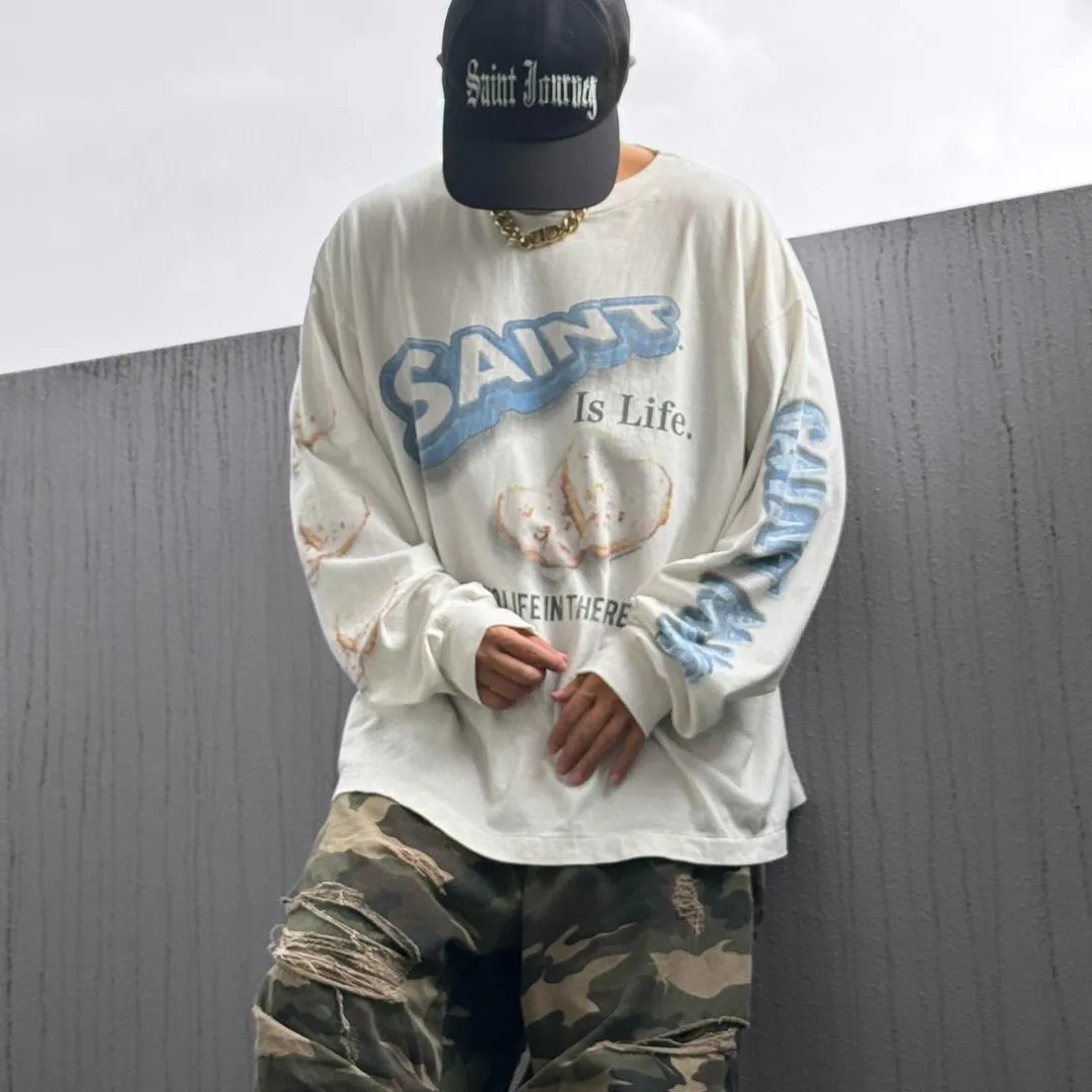 SAINT Mxxxxxx HEART COOKIES L/S TEE/WHT Love Oreo printed long sleeves Off-white S-XL Customized co-branded main mark/wash mark Correct version Ready-made garments washed and distressed VINTAGE feeling Top-notch printing technology Perfect restoration